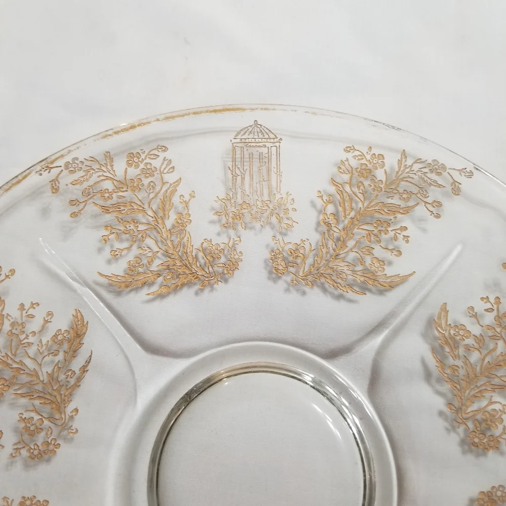 VTG 30's Paden City Glass Gazebo W Gold Etch Glass Round Platter 10.5